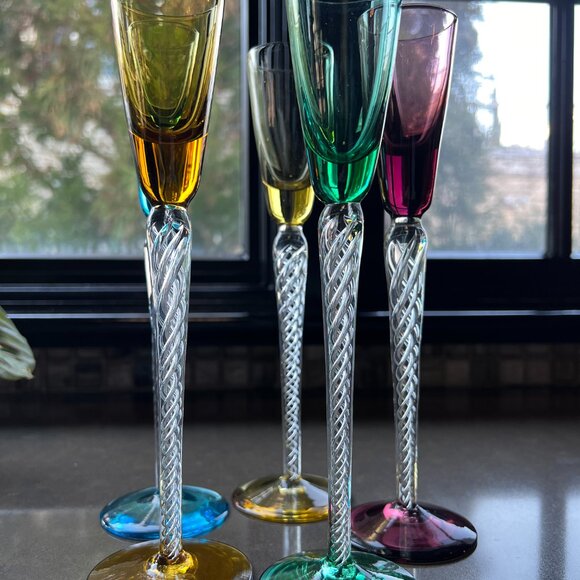 Stuart Lot 5 Long Stem Cordial Flute IONA AIR TRAP SPIRAL TWIST Colorful Crystal - Picture 16 of 16